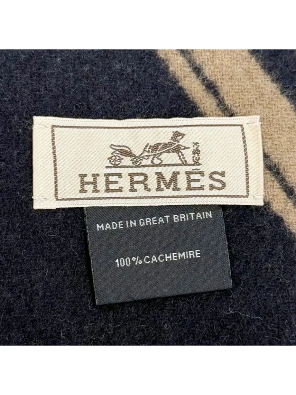 Hermes Sangles en Zigzag Cashmere 100% Etoupe Marine Fringe Scarf Brown Navy